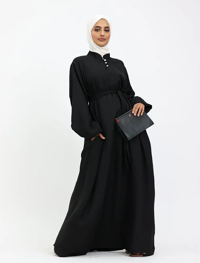 Black Linen Feel Nehru Collar Maxi